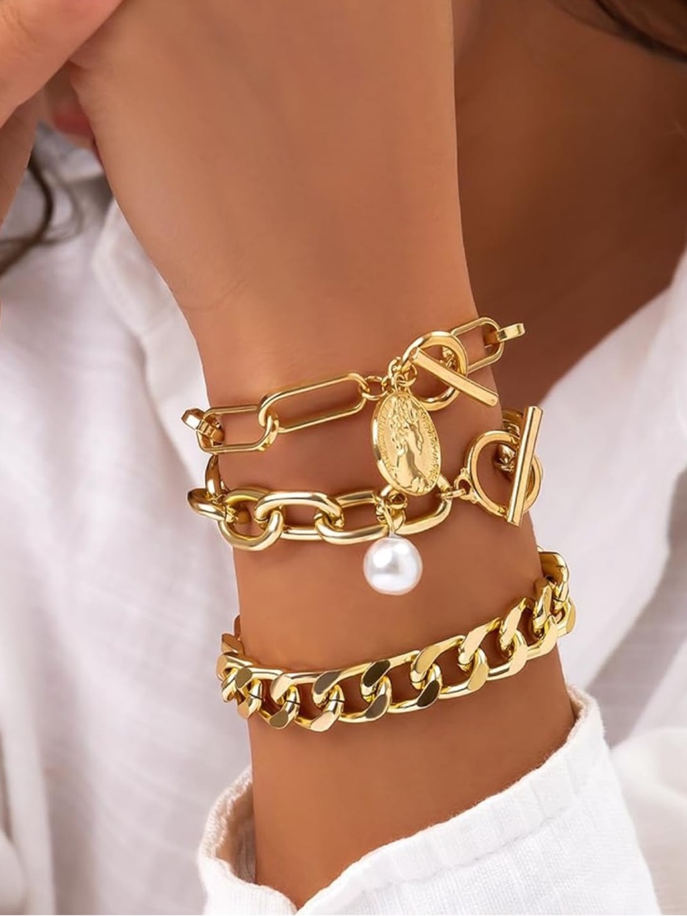 Saint Honore Pearl Charm Link Bracelet Set